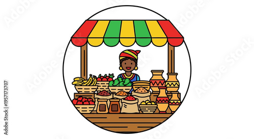 Illustration of a woman selling various goods at a market stall.