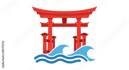 Traditional Japanese torii gate partially submerged in stylized water waves.