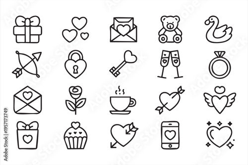 Valentines Day Icon Collection with Hearts Gifts and Romantic Symbols