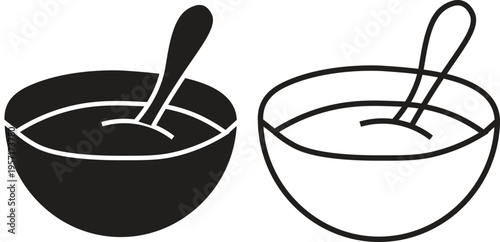 Two simple graphic icons of a bowl with a spoon, one filled in black and one outlined.