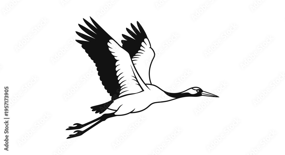 Fototapeta premium Illustration of a flying crane with outstretched wings and long legs.