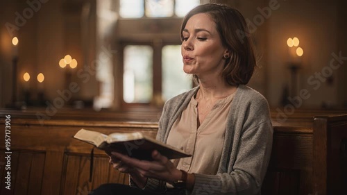 Pious woman prays. Spiritual woman raises her eyes in heartfelt reverence
