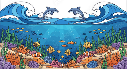 Vibrant underwater scene with diverse marine life and coral reefs.