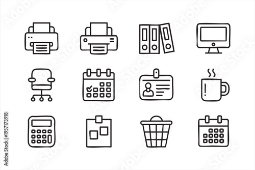 Workplace Line Icons Featuring Printer Clipboard Calendar and Tasks