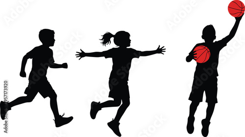 Black silhouettes featuring happy active children running jumping and playing basketball with red balls isolated on white background for youth sports design.