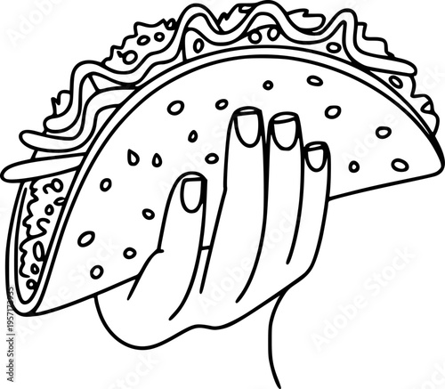 Hand holding a delicious taco with lettuce and filling isolated white background