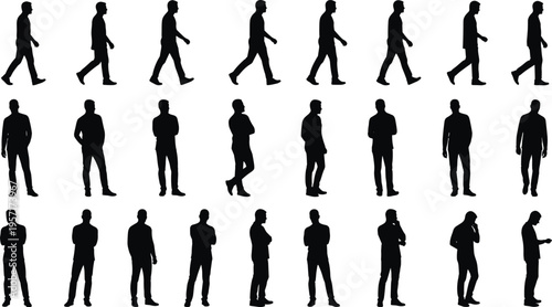 Large collection of black silhouettes featuring men walking standing waiting and thinking in various casual poses isolated on white background for urban lifestyle design.