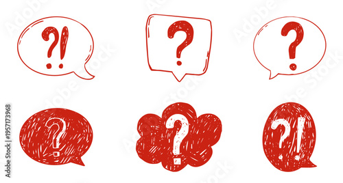 Question mark red chalk hand drawn set, crayon texture doodle sketch. Question marks with speech bubbles, punctuation signs for collage