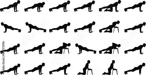 Large set of black silhouettes featuring men performing push ups plank variations and bodyweight exercises on floor and bench isolated on white.