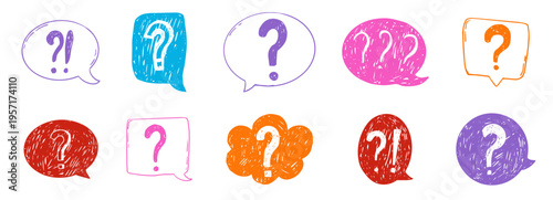 Question mark chalk hand drawn set, crayon texture doodle sketch. Question marks with speech bubbles, punctuation signs for collage