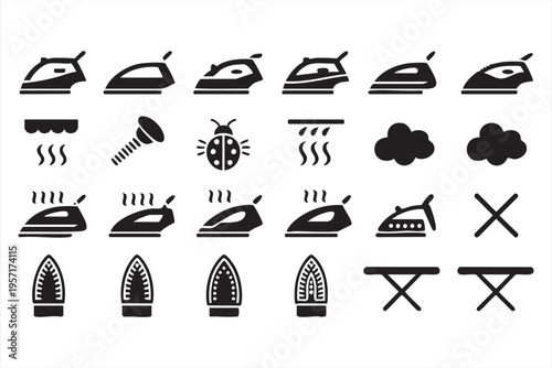 Household Laundry Icons with Iron Board and Clothing Maintenance Symbols