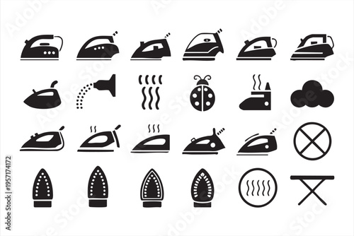 Laundry Care Icon Set with Steam Iron and Clothing Maintenance Tools