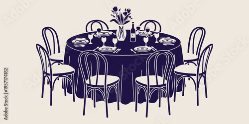 Elegant dinner table, formal banquet setting, restaurant dining illustration, celebration feast table, gala event banquet, dining room sketch, luxury dinner party.