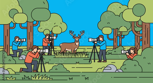 Wildlife photographers capturing a majestic deer in its natural habitat.