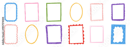 Kid frame crayon box, textured whimsical wax pen border set. Playful frames for kids kindergarten, preschool, school designs, text areas and creative layouts.