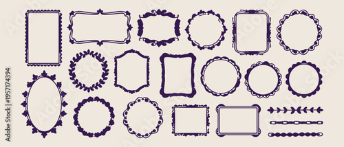 Decorative frame borders, vintage ornament sketches, hand drawn border icons, elegant mirror frames, certificate decor graphics, scrapbook element doodles, classic flourish art.
