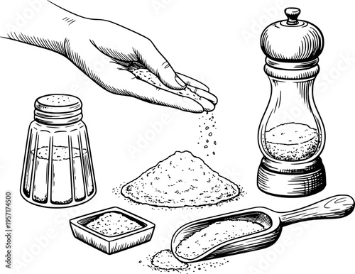 Hand sprinkling salt from shaker and scoop next to pepper mill and pile spice seasoning