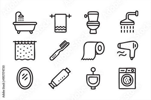 Bathroom Hygiene Icon Collection with Shower Laundry and Cleaning Symbols