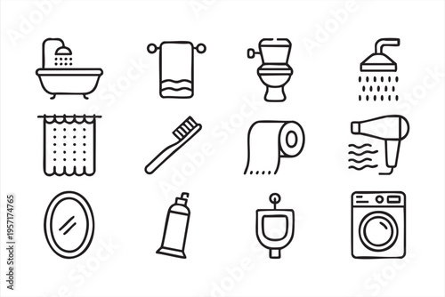 Hygiene Icon Set Featuring Shower Toilet Toothbrush and Dryer