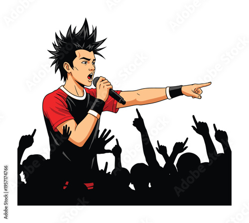 Vector of a young male singer performing on stage with a microphone in front of a cheering crowd