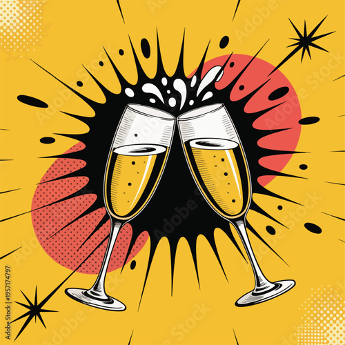 Two champagne glasses clinking together with yellow liquid and bubbles on a yellow background