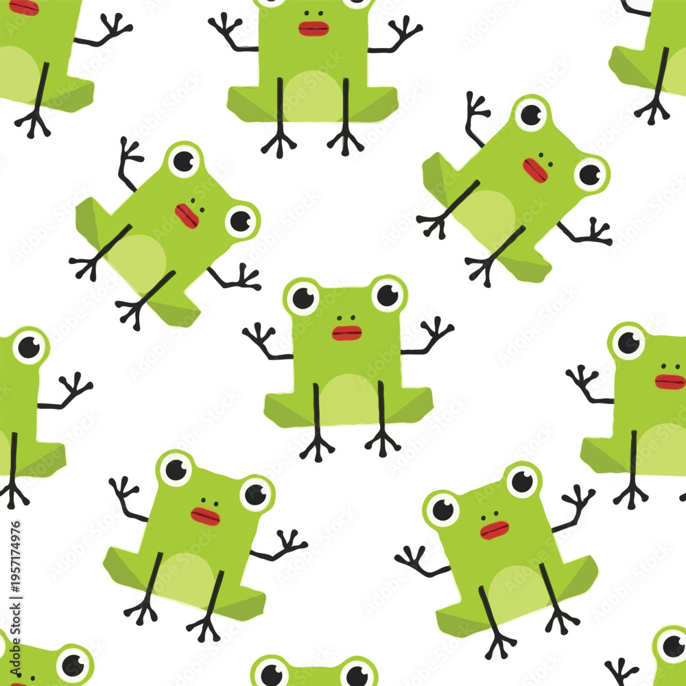 Obraz premium Fun seamless pattern of stylized green frogs in geometric cartoon style
