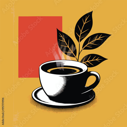Steaming coffee cup on saucer with plant and red square leaves
