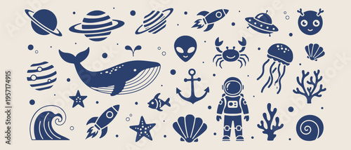 Space exploration sea life, alien and dolphin, cosmic ocean doodles, hand drawn adventure icons, aquatic space illustration, fantasy world graphics, astronaut and whale sketches