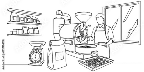 Professional Coffee Roaster Man Working with Industrial Bean Roasting Machine