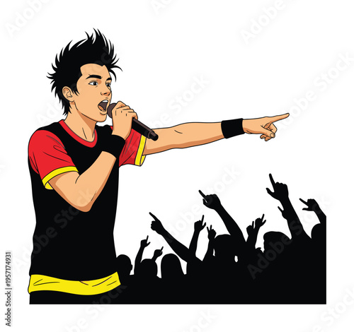 Vector of an energetic male singer performing with a microphone in front of a lively audience