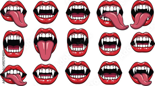 Glossy red vampire lips with fangs pop art vector elements