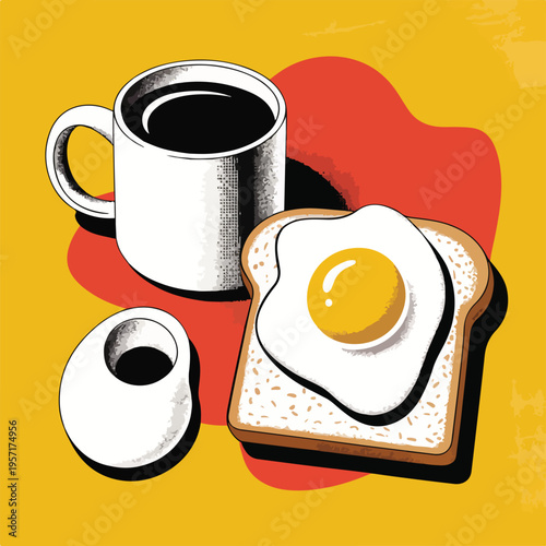 Fried egg on toast with coffee and eggshell on yellow background breakfast