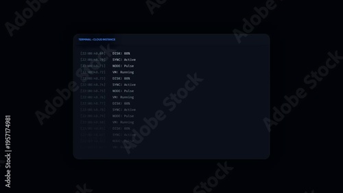 Cloud server terminal log analyzer interface displaying scrolling system data and critical security issue alert