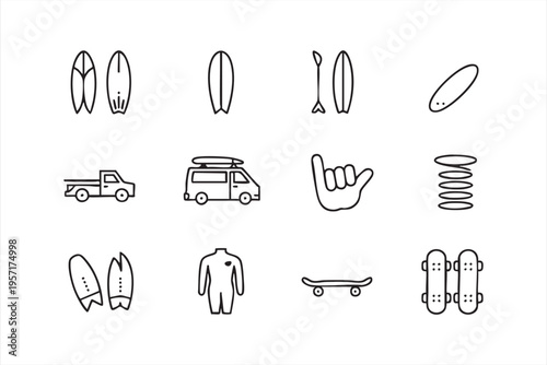 Surfing Icon Collection with Surfboard Skateboard and Beach Lifestyle