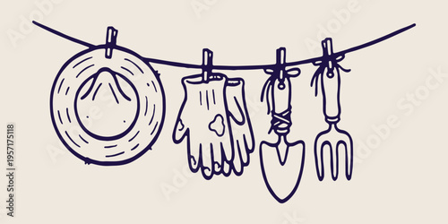 Gardening tools doodles, backyard hobby sketches, planting and growth icons, hand drawn garden equipment, spring cleaning graphics, nature lover elements, farm life illustrations