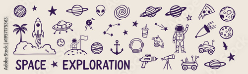 Space exploration doodles, galaxy and stars sketches, astronaut journey graphics, planetary system icons, hand drawn universe art, science fiction elements, celestial body illustrations.