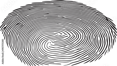 Black and white fingerprint swirl pattern with concentric circular lines on a white background