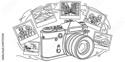 Vintage Retro Camera with Instant Photo Frames and Travel Memories