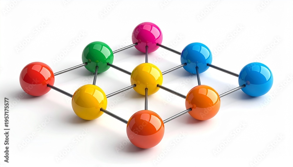 Fototapeta premium Connected colorful spheres representing network communication structure or connection isolated on white background.
