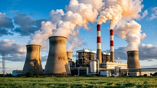 Fossil fuel power plant with cooling towers and smoking chimneys under cloudy blue sky in green field, industrial emissions and environmental pollution