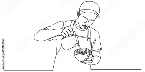 Professional Barista Pouring Milk Foam to Create Latte Art Coffee