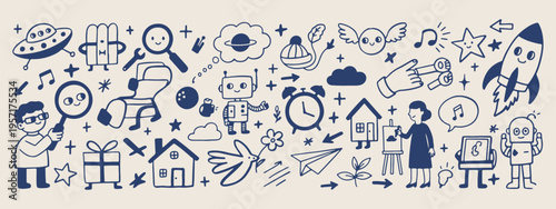 Robot tech doodles, artificial intelligence sketches, future technology icons, hand drawn digital elements, machine learning illustration, smart device graphics, tech toy doodles