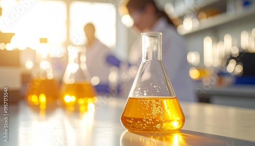 Glass Erlenmeyer Flasks with Yellow Liquid in Laboratory Setting for Science and Research Projects.