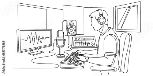 Professional Sound Producer Working in Audio Studio One Line Illustration