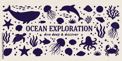 Ocean exploration theme, sea life doodles, marine animals sketches, underwater world graphics, deep sea discovery, hand drawn octopus and dolphin, nautical adventure art