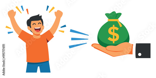 Enthusiastic man cheering as he is handed a bag of money, symbolizing success, reward, and financial gain