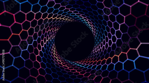 Abstract hexagonal tunnel background with glowing neon gradient grid. Futuristic technology network, digital vortex, cyber data flow concept. Abstract geometric technology pattern. Vector Illustration