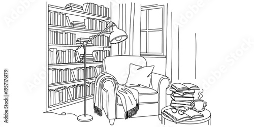 Cozy Reading Nook Interior with Bookshelf Armchair and Coffee Table