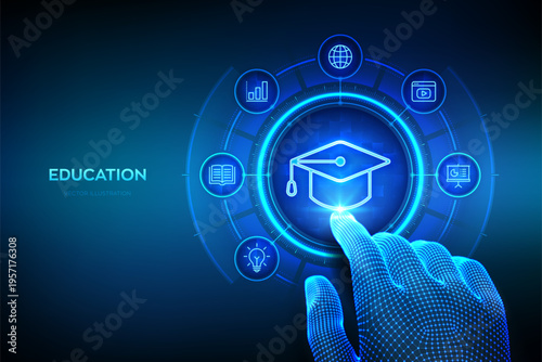 Education. Innovative online e-learning and internet technology concept. Skill development. Webinar, teaching, online training courses. Wireframe hand touching digital interface. Vector illustration.