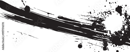 Black ink brush stroke with splatter texture on white background